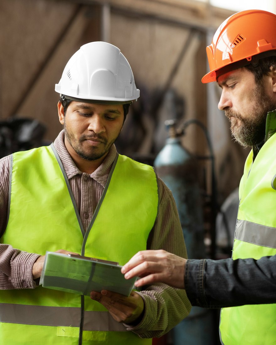 Dos personas revisan información en una tablet en un taller industrial